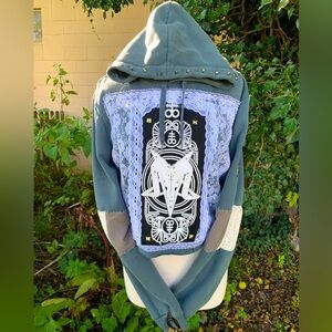 SOLD Cropped demon hoodie with hand sewn sleeves, and patches and spiked hood